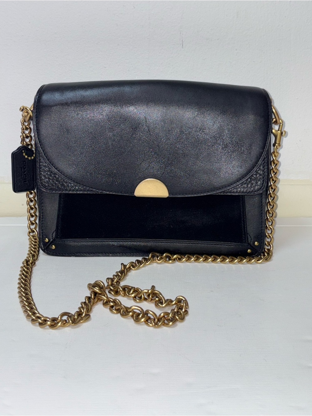 Coach Black Leather Crossbody with Gold Chain Strap